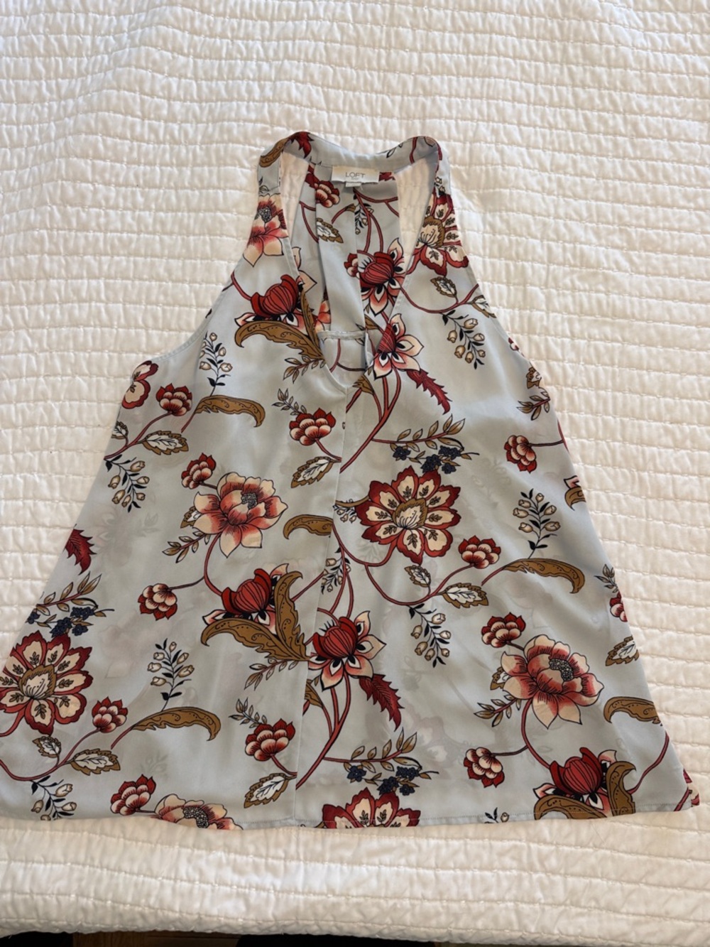 LOFT flowy Pale Blue Floral Racerback Tank with Red and Tan Blooms